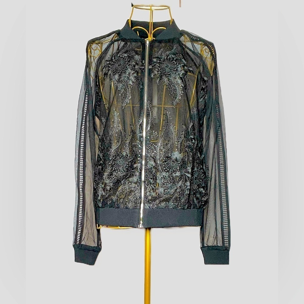 NWT Revolve Endless Rose Lace Mesh Black Bomber Jacket, Zipper, Sizes XS & S - Picture 5 of 16